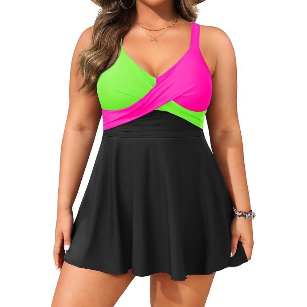 Aqua Eve Women Plus Size Neon Pink Green Black Swimdress Tummy Control 24W NEW